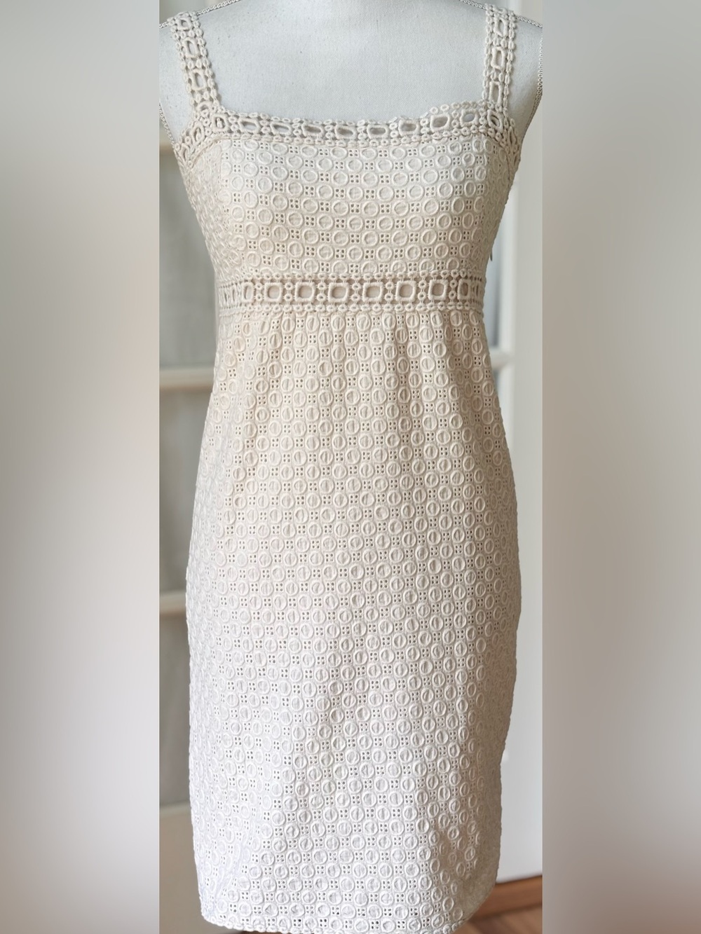 M.S.S.P Crochet Lace Eyelet Sheath Dress Cream Cotton Size 10